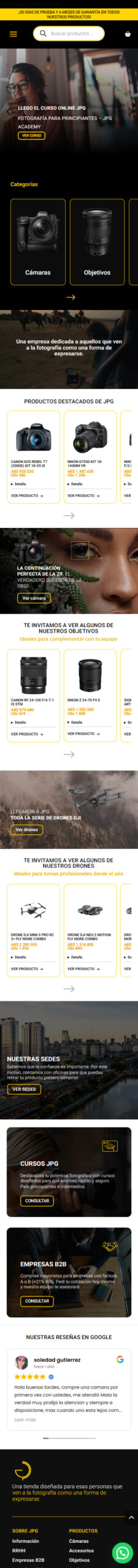 Versión mobile real del inicio de JPG Argentina